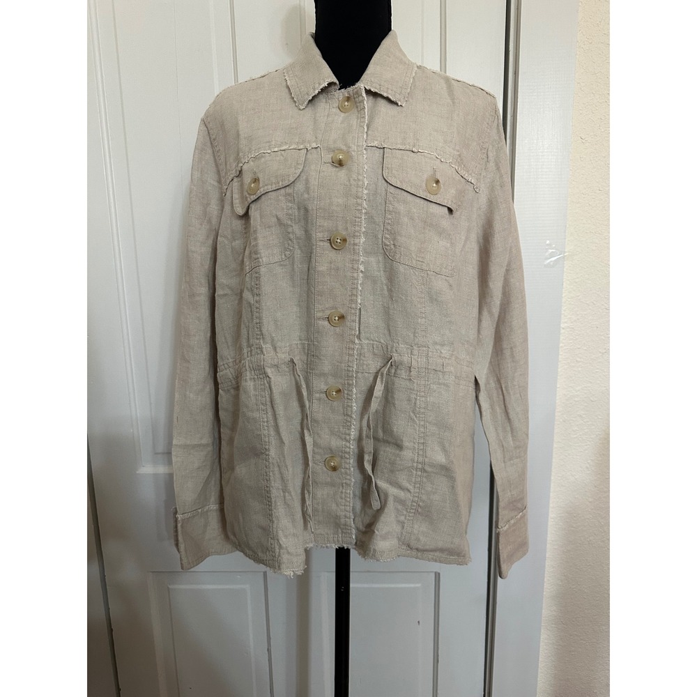Tommy Bahama Womens Linen Utility Jacket Beige Safari Raw Edge Fringe Small